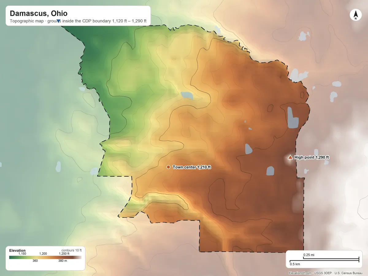 Topographic elevation map of Damascus, Ohio, shaded from 1,120 ft on the northwest side to 1,290 ft on the east side