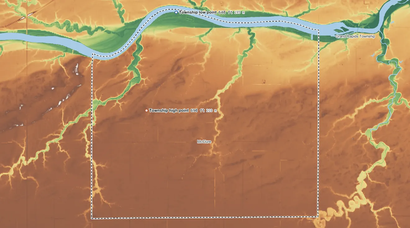 Topographic elevation map of Damascus Township, Ohio, shaded from 640 ft on the north side to 690 ft on the west side
