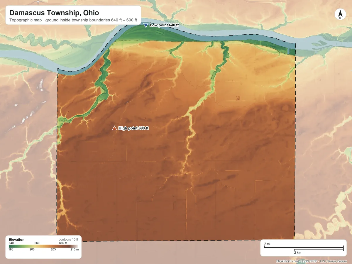 Topographic elevation map of Damascus Township, Ohio, shaded from 640 ft on the north side to 690 ft on the west side