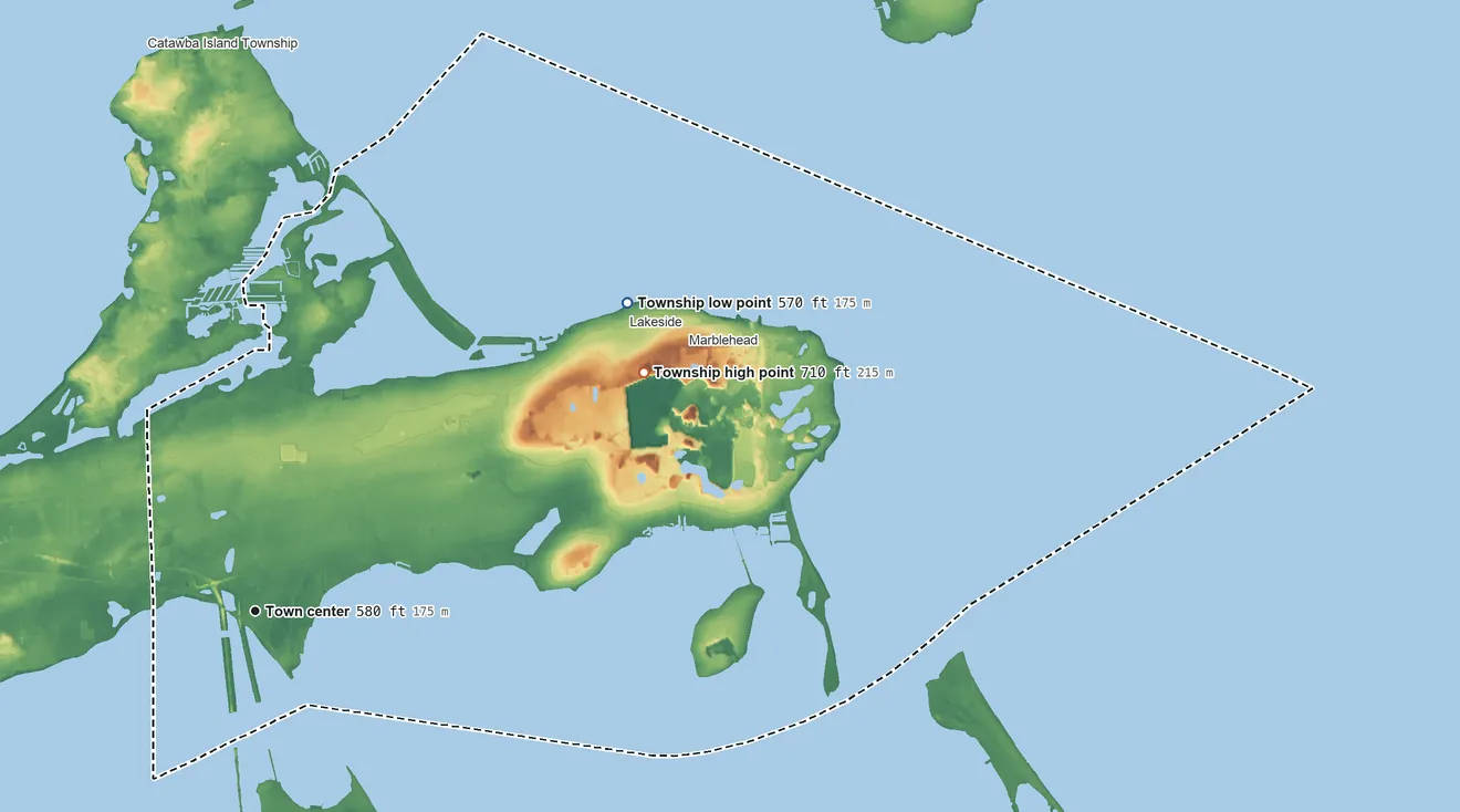 Topographic elevation map of Danbury Township, Ohio, shaded from 570 ft on the northeast side to 710 ft on the northeast side