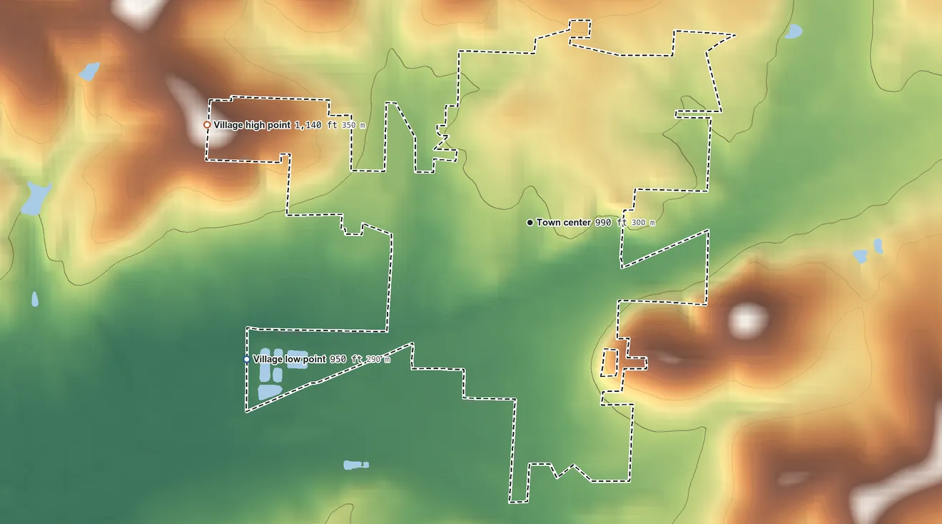 Topographic elevation map of Danville, Ohio, shaded from 950 ft on the southwest side to 1,140 ft on the west side