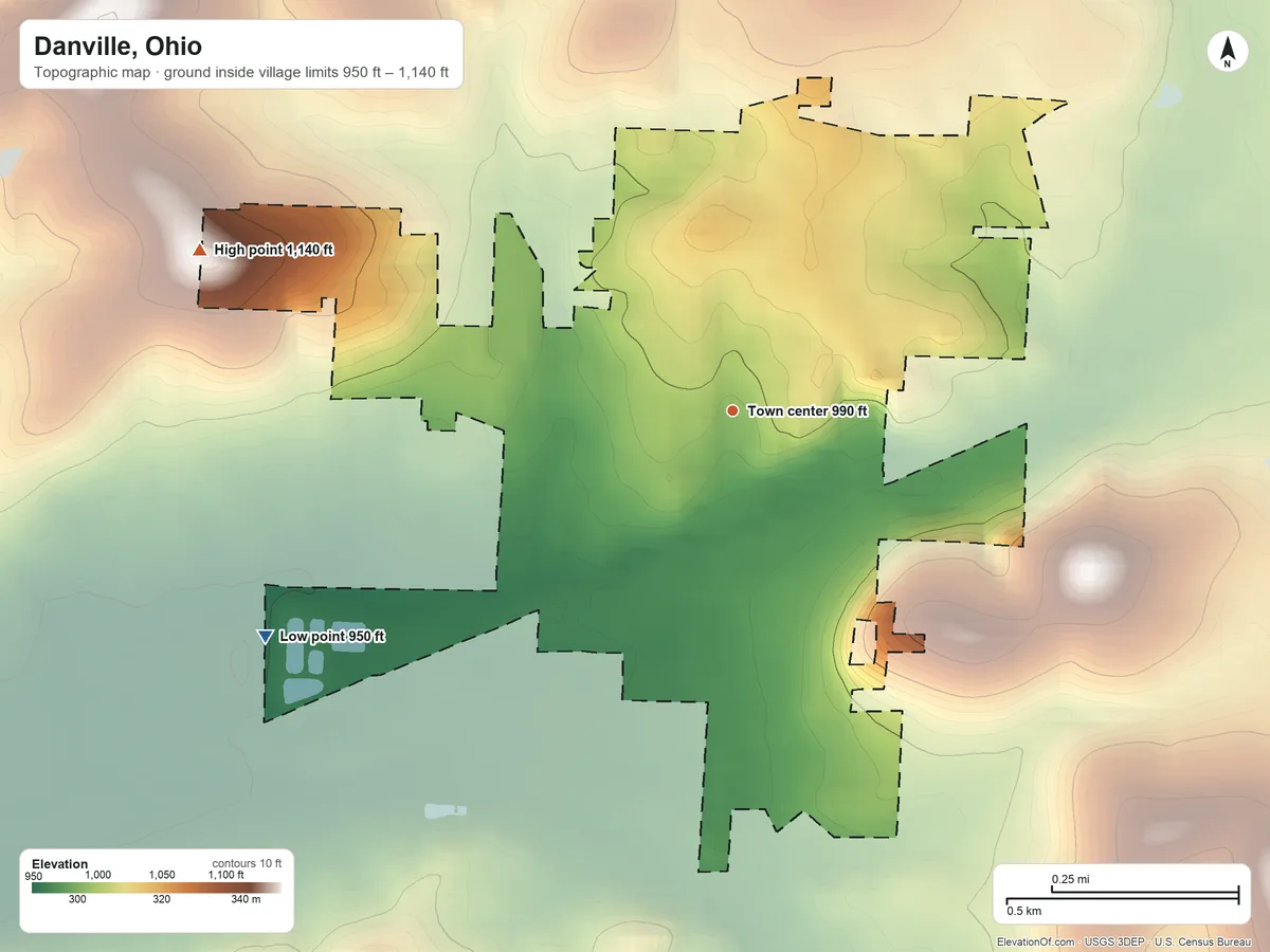 Topographic elevation map of Danville, Ohio, shaded from 950 ft on the southwest side to 1,140 ft on the west side