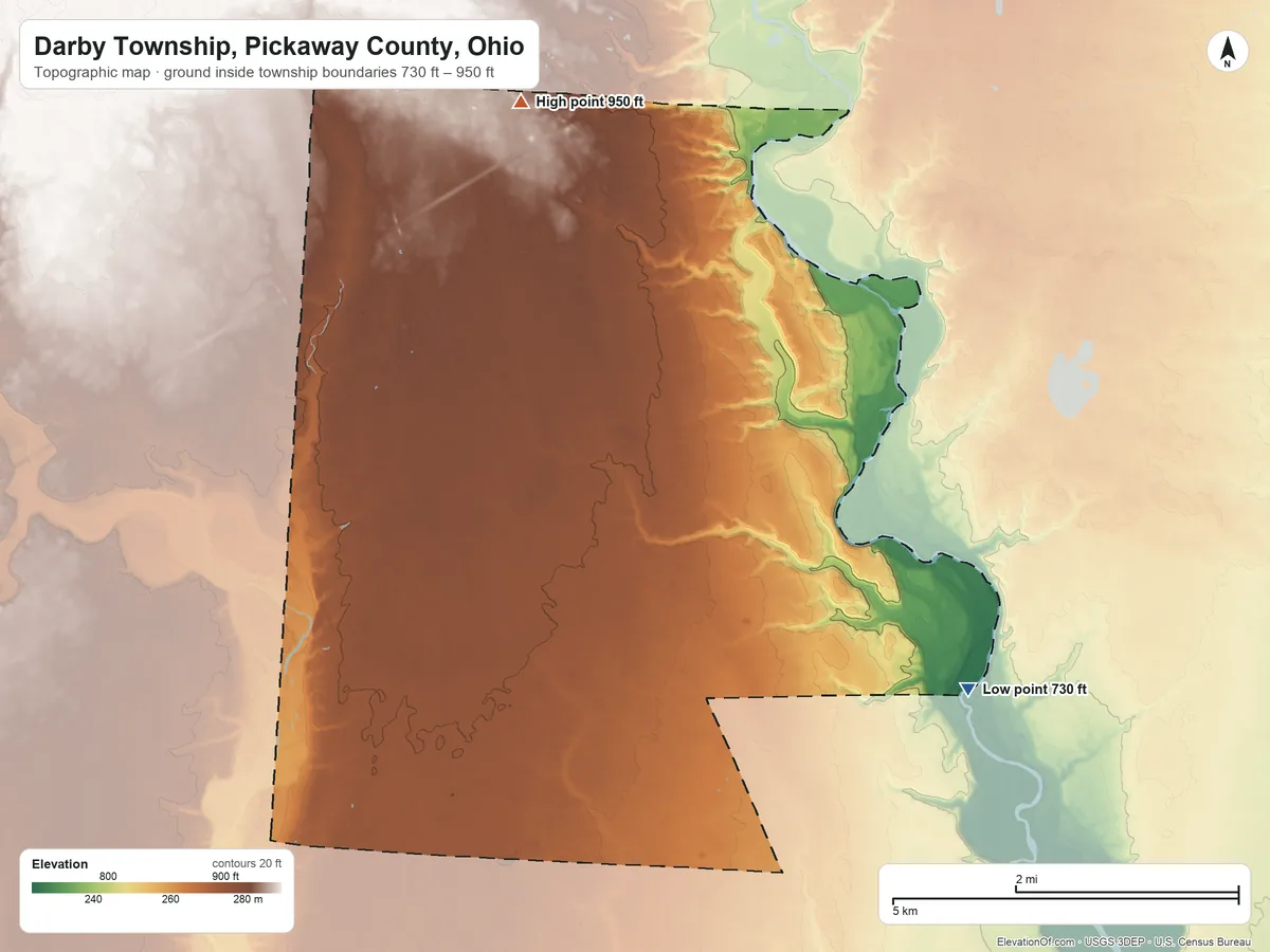 Topographic elevation map of Darby Township, Pickaway County, Ohio, shaded from 730 ft on the southeast side to 950 ft on the northwest side