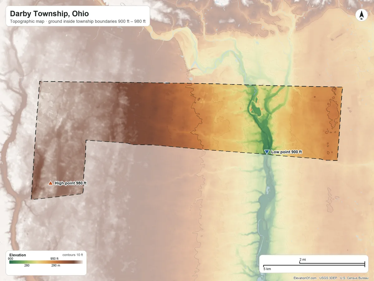 Topographic elevation map of Darby Township, Ohio, shaded from 900 ft on the southeast side to 980 ft on the southwest side