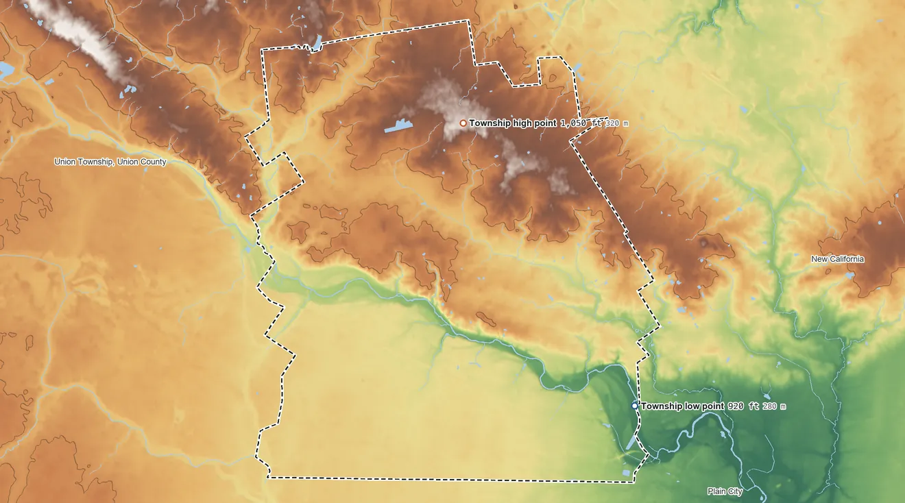 Topographic elevation map of Darby Township, Union County, Ohio, shaded from 920 ft on the southeast side to 1,050 ft on the north side