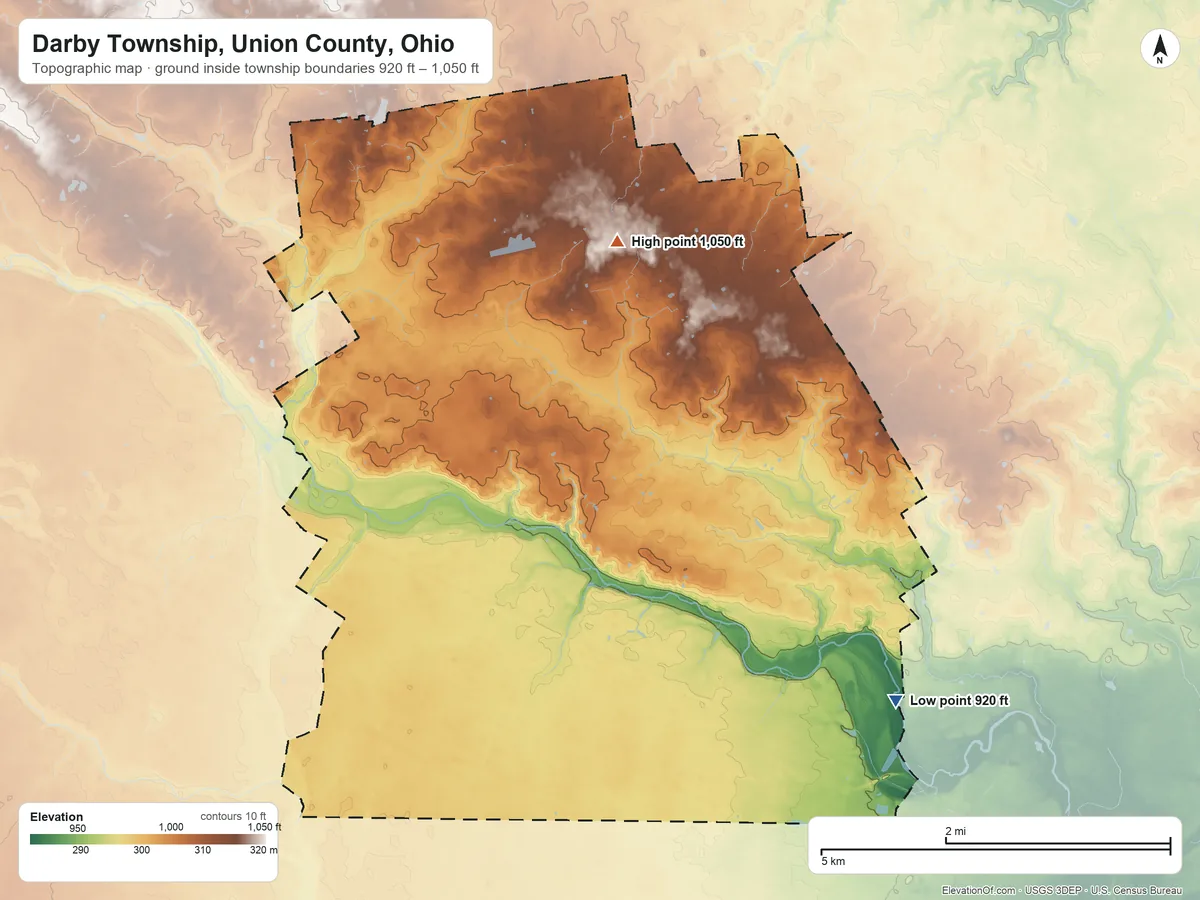Topographic elevation map of Darby Township, Union County, Ohio, shaded from 920 ft on the southeast side to 1,050 ft on the north side