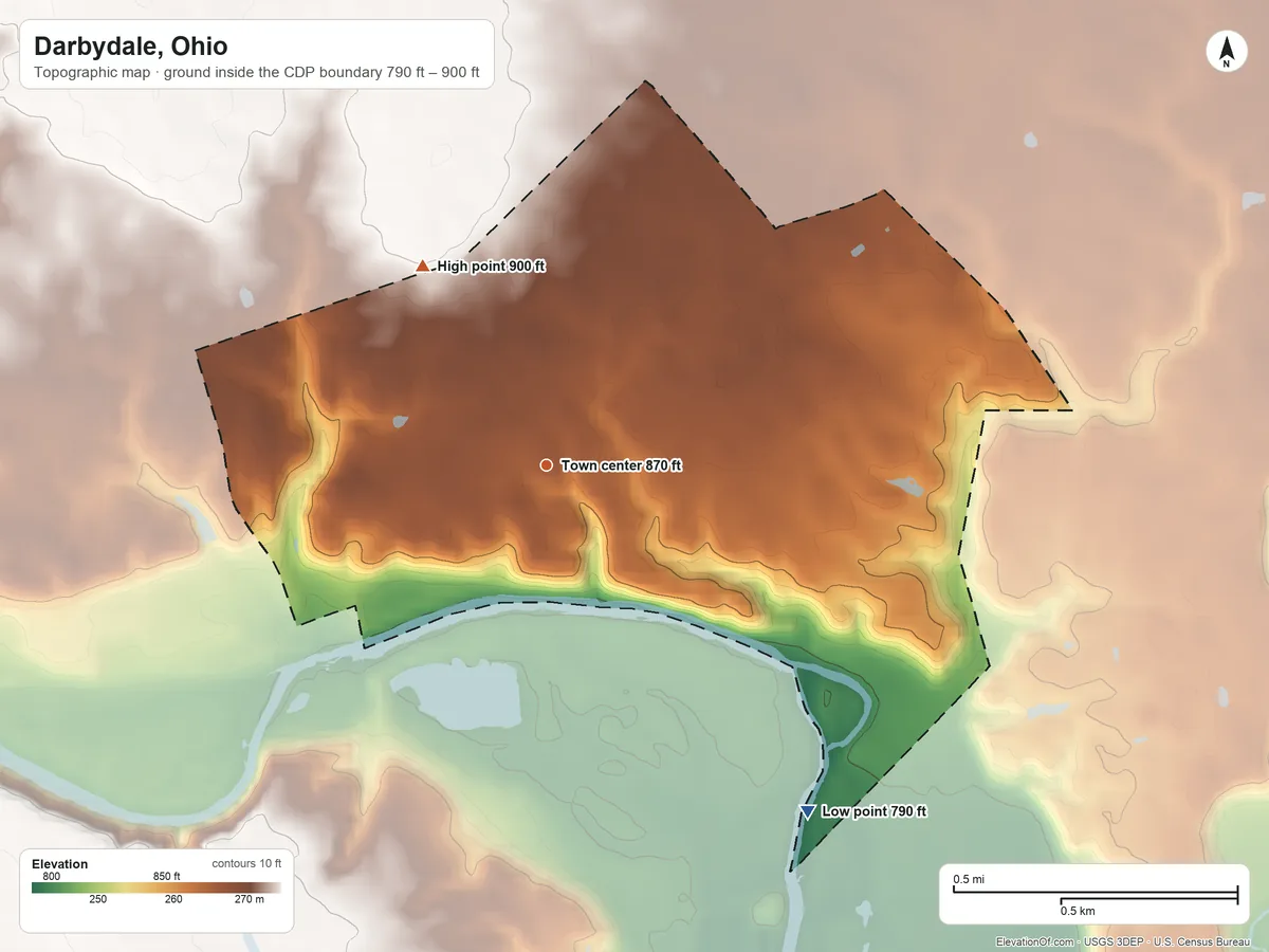 Topographic elevation map of Darbydale, Ohio, shaded from 790 ft on the southeast side to 900 ft on the northwest side