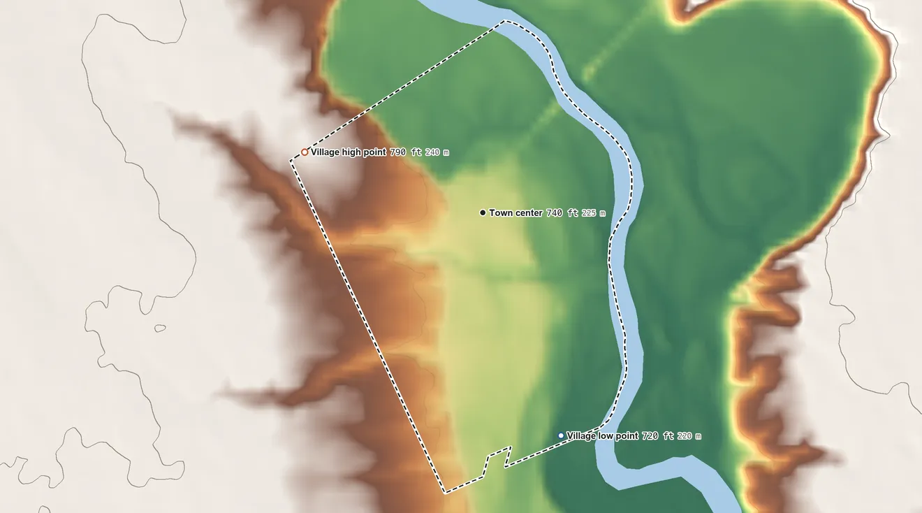 Topographic elevation map of Darbyville, Ohio, shaded from 720 ft on the south side to 790 ft on the west side