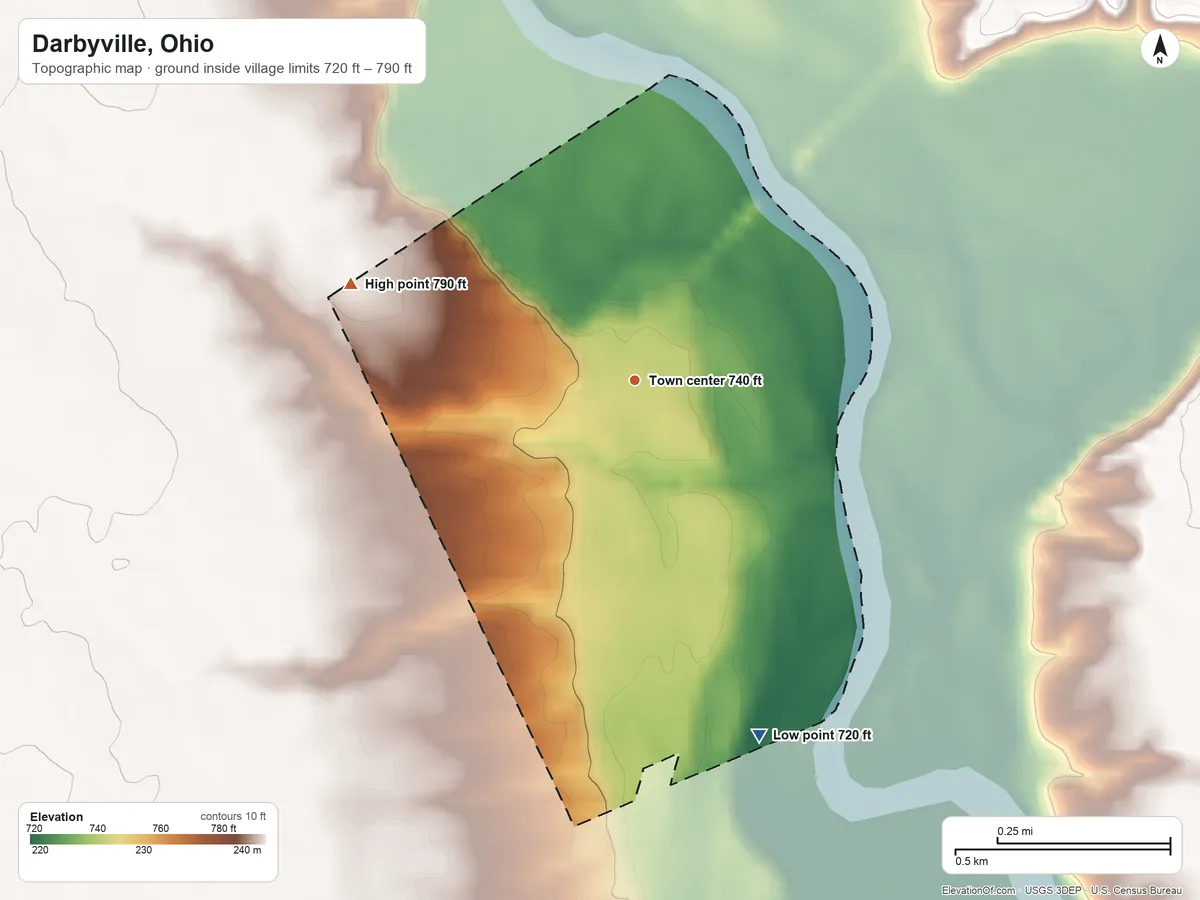 Topographic elevation map of Darbyville, Ohio, shaded from 720 ft on the south side to 790 ft on the west side