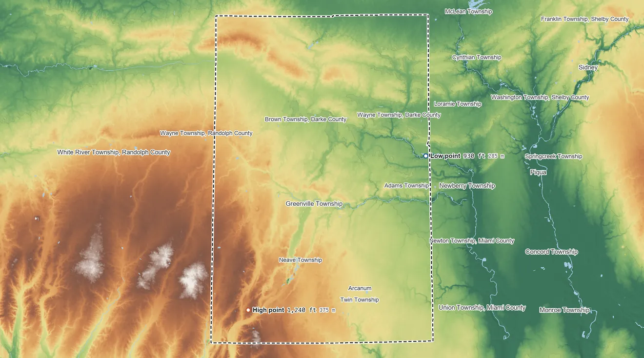 Topographic elevation map of Darke County, Ohio, shaded from 930 ft on the east side to 1,240 ft on the southwest side