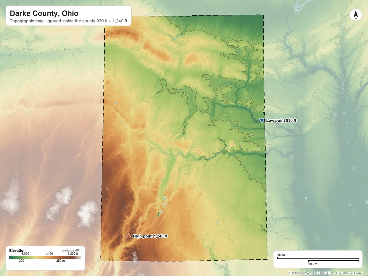 Topographic elevation map of Darke County, Ohio, shaded from 930 ft on the east side to 1,240 ft on the southwest side