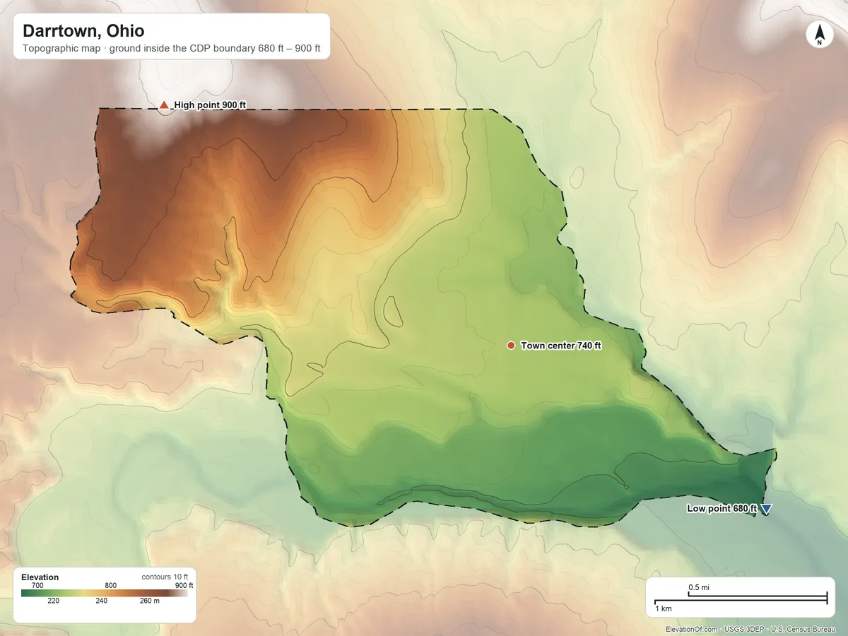 Topographic elevation map of Darrtown, Ohio, shaded from 680 ft on the southeast side to 900 ft on the northwest side