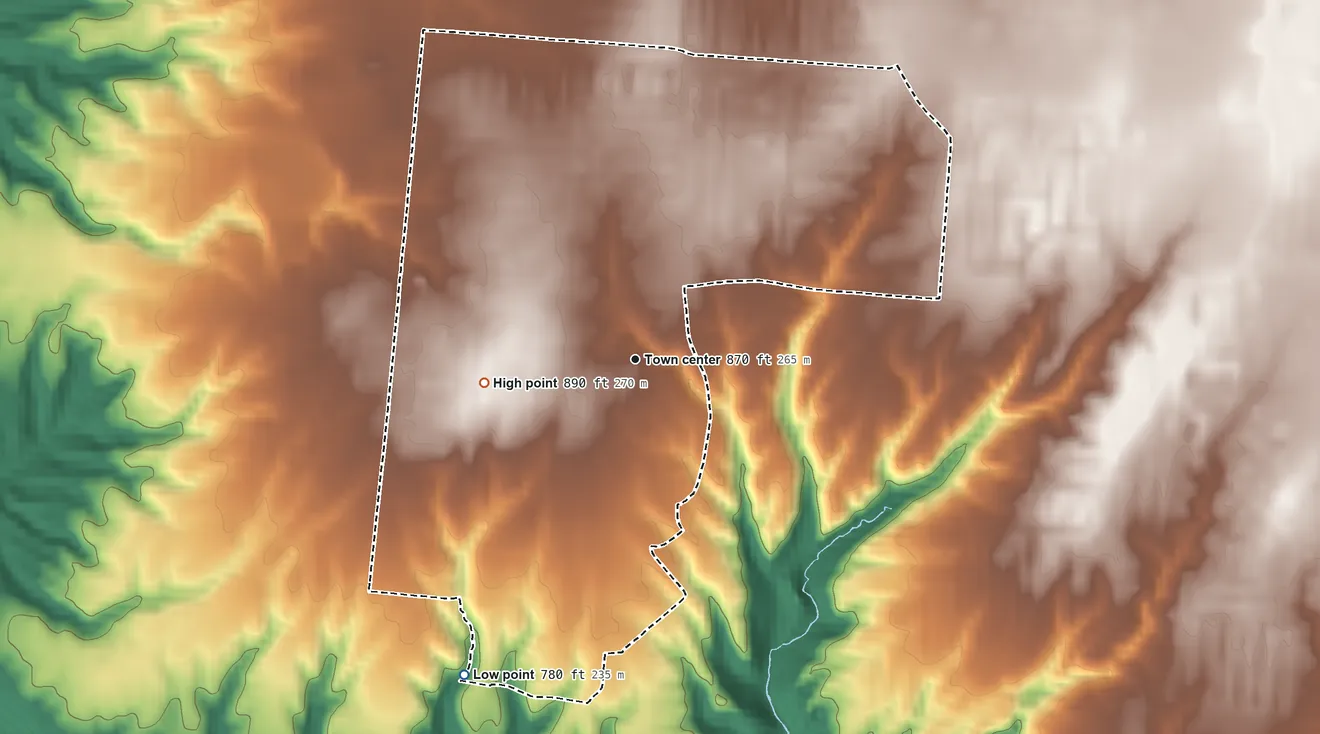 Topographic elevation map of Day Heights, Ohio, shaded from 780 ft on the southwest side to 890 ft on the west side