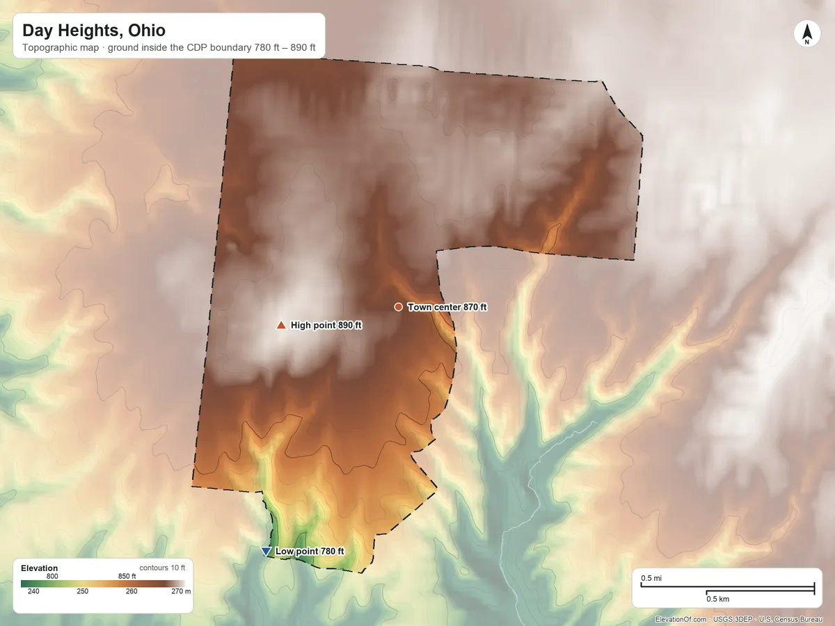 Topographic elevation map of Day Heights, Ohio, shaded from 780 ft on the southwest side to 890 ft on the west side