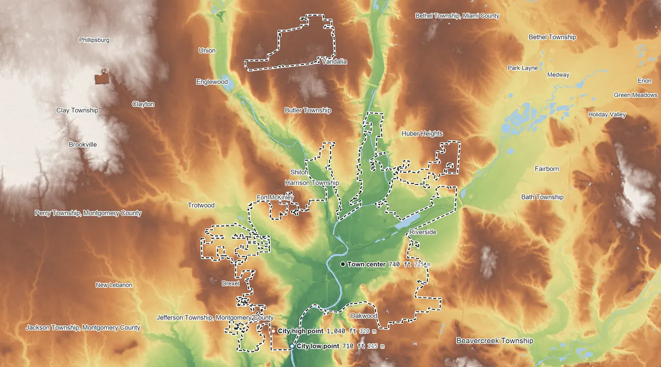 Topographic elevation map of Dayton, Ohio, shaded from 710 ft on the southwest side to 1,040 ft on the southwest side