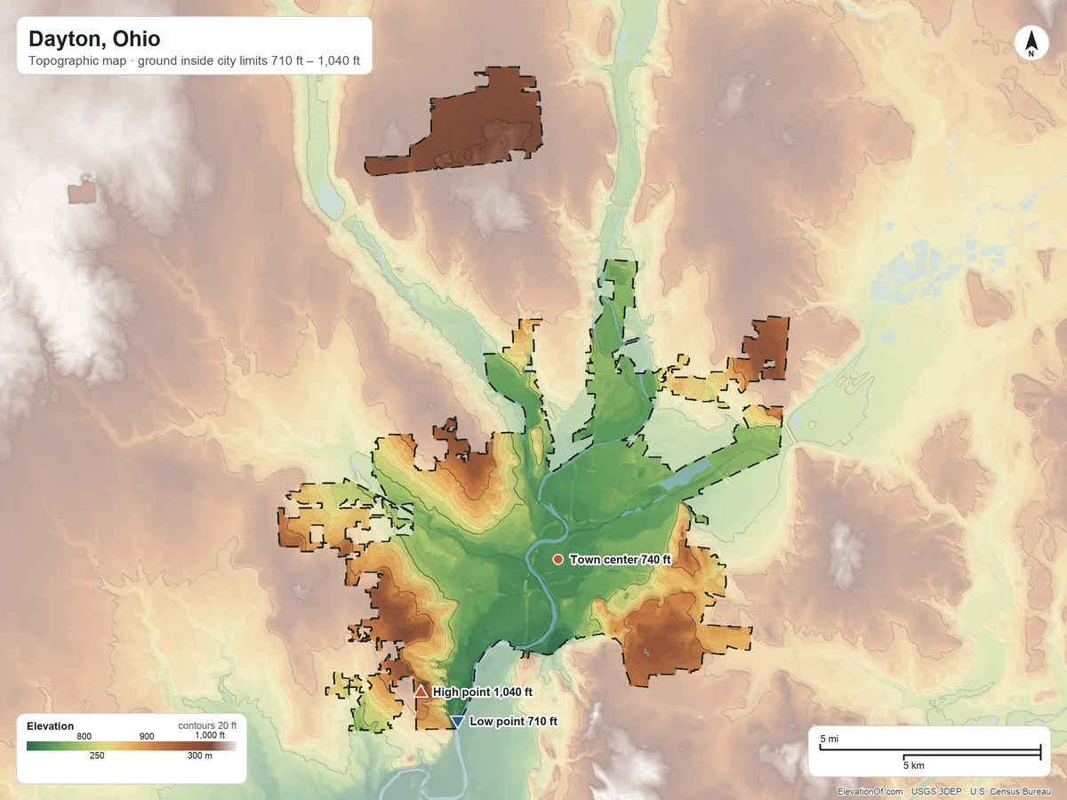 Topographic elevation map of Dayton, Ohio, shaded from 710 ft on the southwest side to 1,040 ft on the southwest side