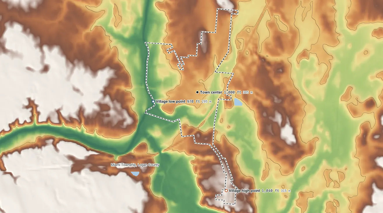 Topographic elevation map of De Graff, Ohio, shaded from 970 ft on the west side to 1,040 ft on the south side