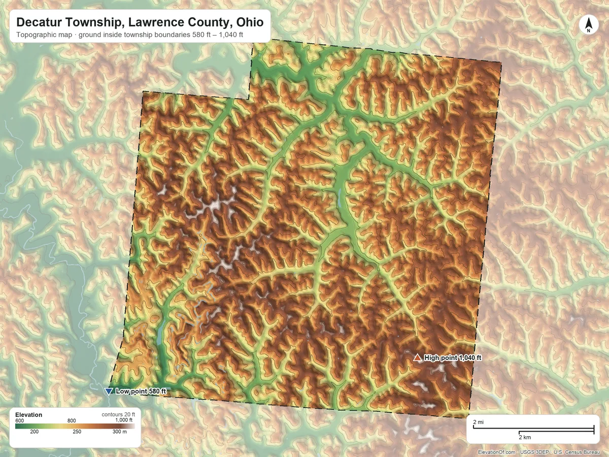 Topographic elevation map of Decatur Township, Lawrence County, Ohio, shaded from 580 ft on the southwest side to 1,040 ft on the southeast side