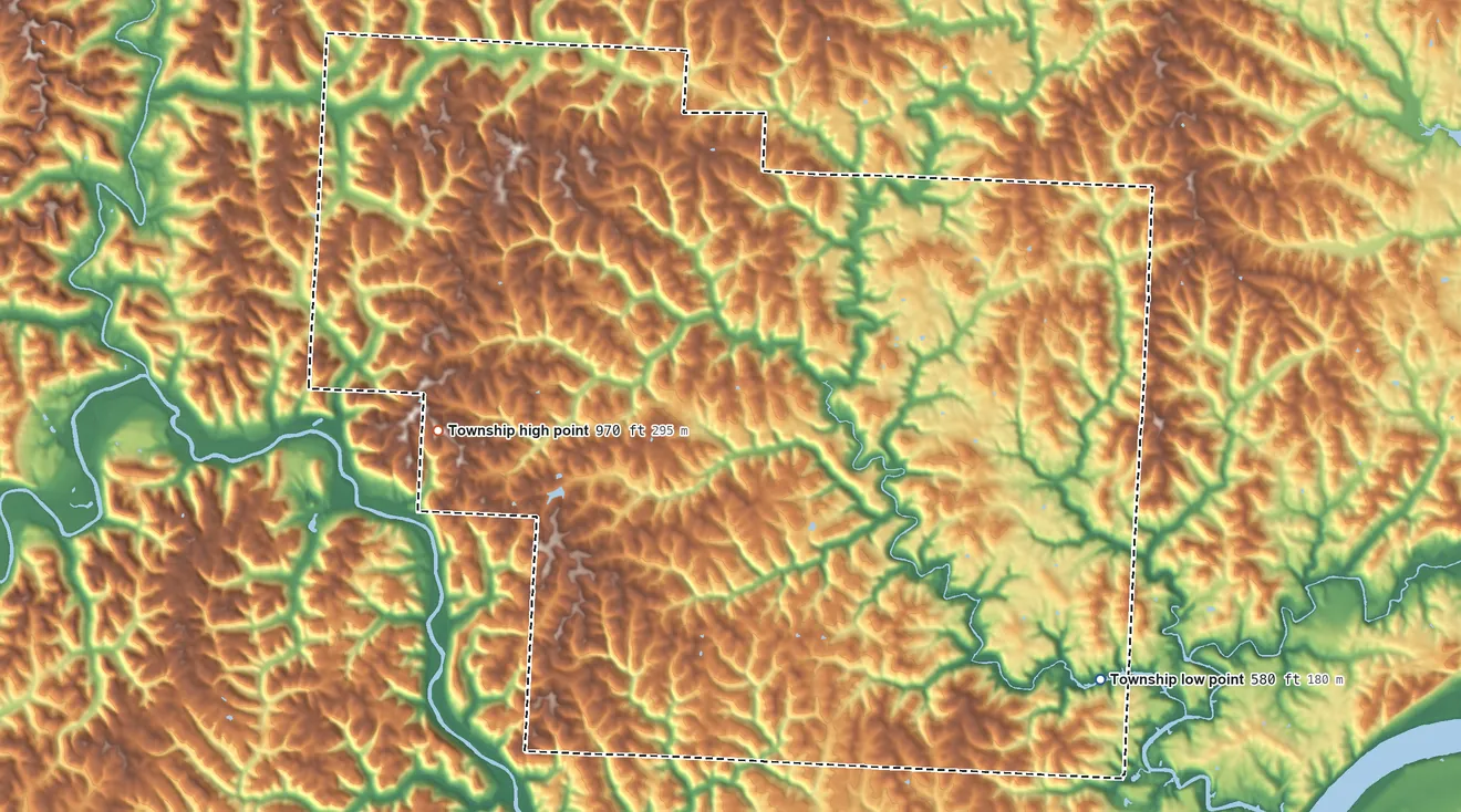 Topographic elevation map of Decatur Township, Ohio, shaded from 580 ft on the southeast side to 970 ft on the west side