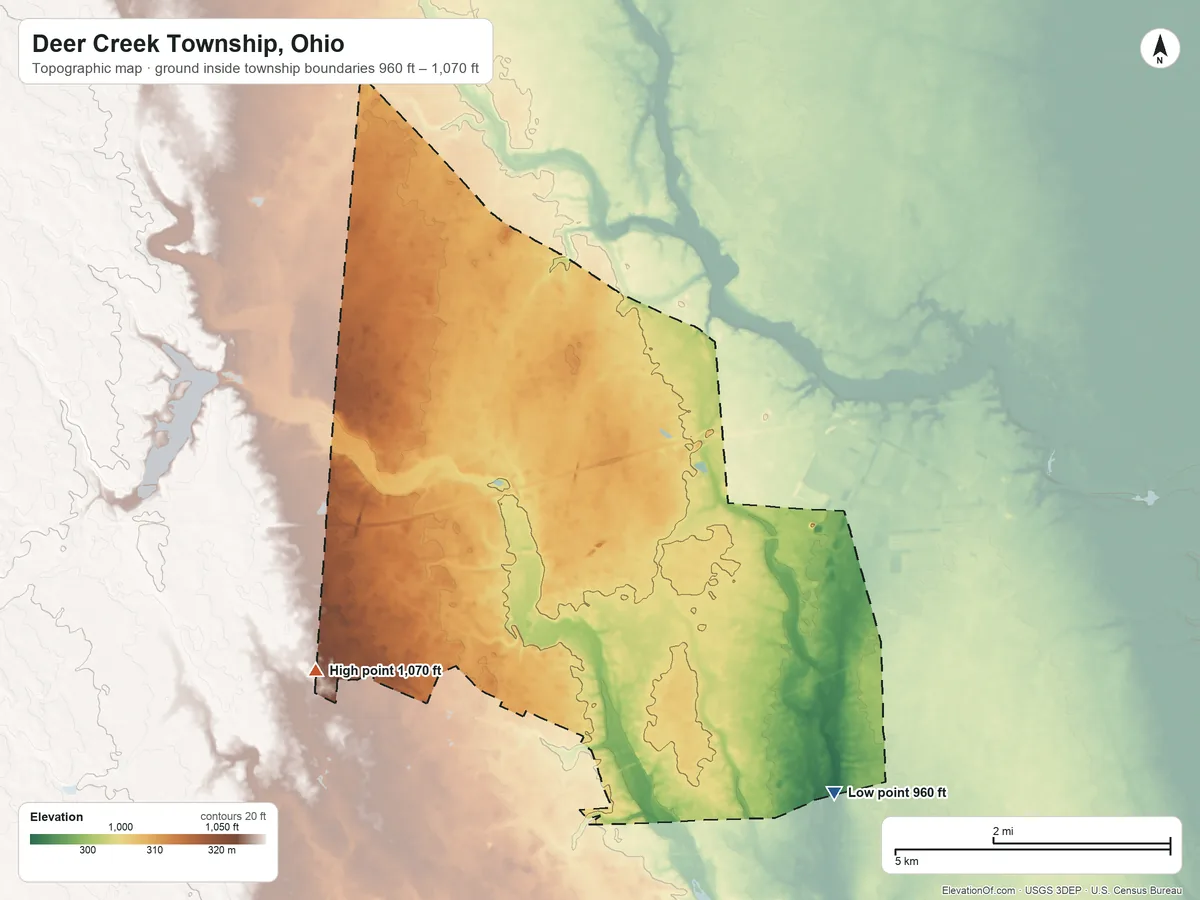 Topographic elevation map of Deer Creek Township, Ohio, shaded from 960 ft on the southeast side to 1,070 ft on the southwest side