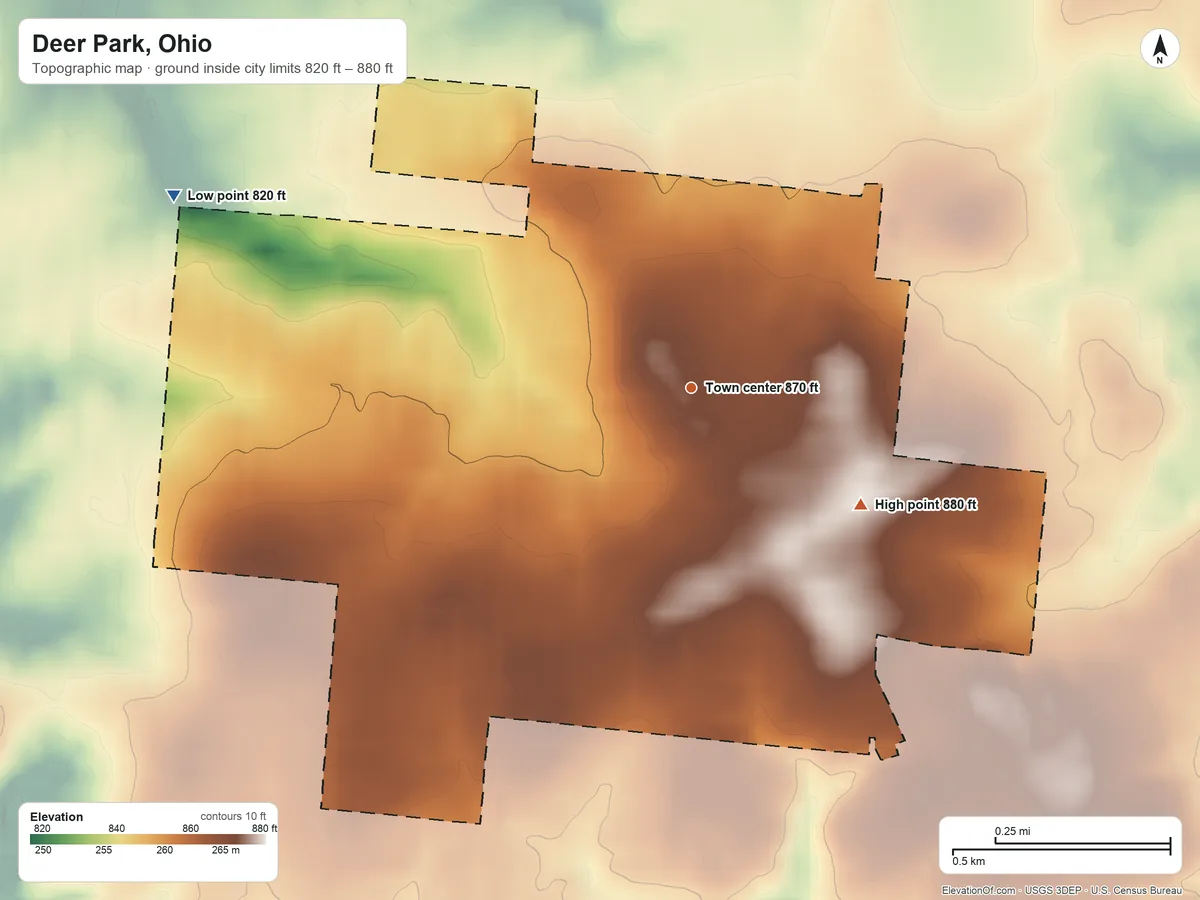 Topographic elevation map of Deer Park, Ohio, shaded from 820 ft on the west side to 880 ft on the southeast side