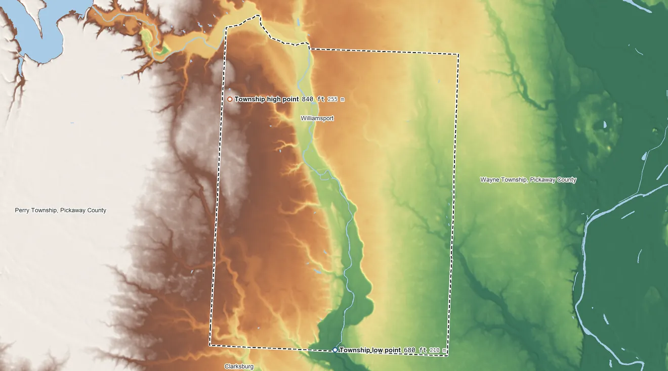 Topographic elevation map of Deercreek Township, Ohio, shaded from 680 ft on the south side to 840 ft on the northwest side