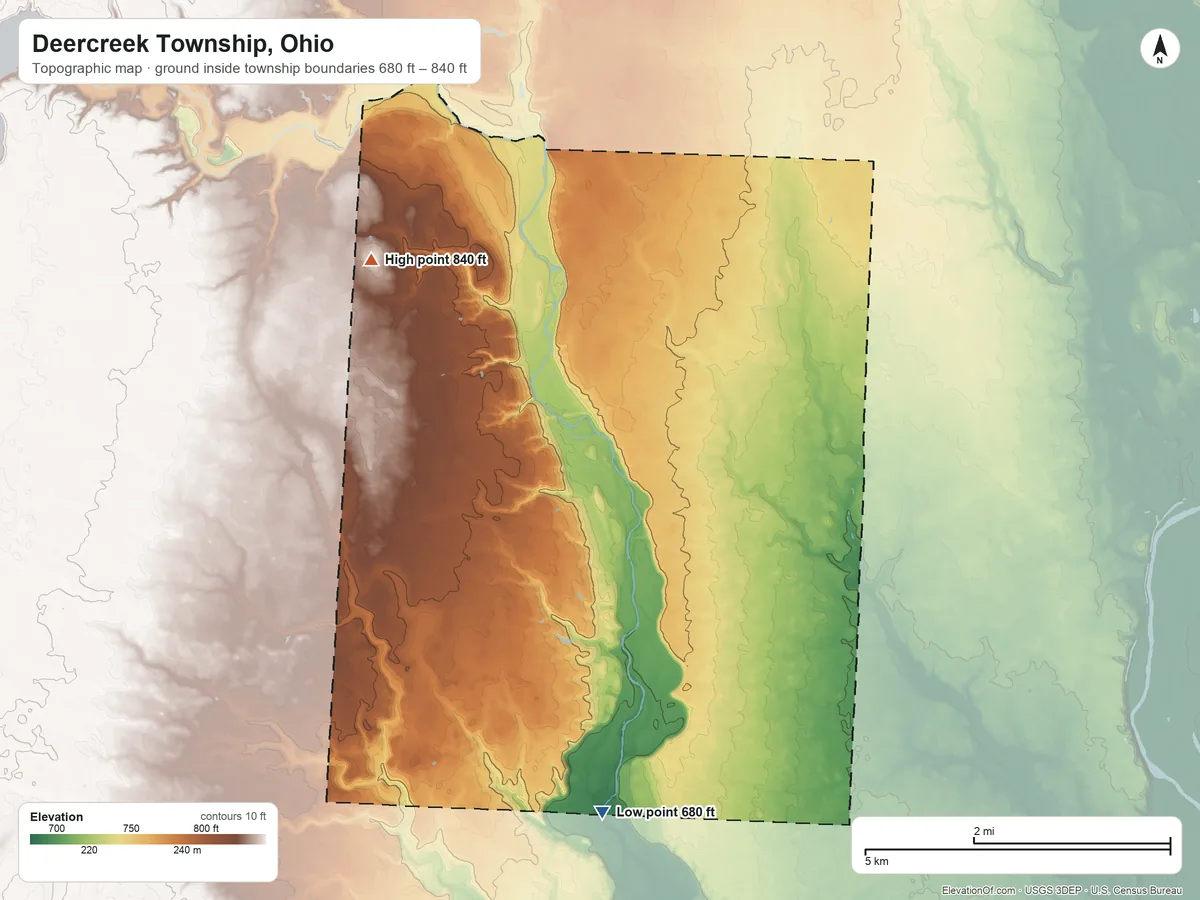 Topographic elevation map of Deercreek Township, Ohio, shaded from 680 ft on the south side to 840 ft on the northwest side