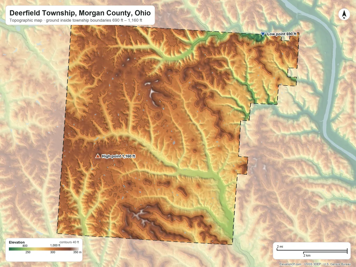 Topographic elevation map of Deerfield Township, Morgan County, Ohio, shaded from 690 ft on the northeast side to 1,160 ft on the southwest side