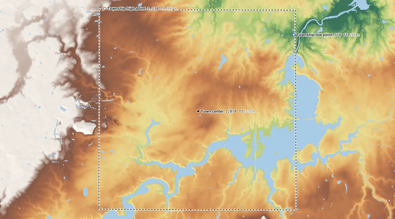 Topographic elevation map of Deerfield Township, Portage County, Ohio, shaded from 970 ft on the northeast side to 1,130 ft on the northwest side
