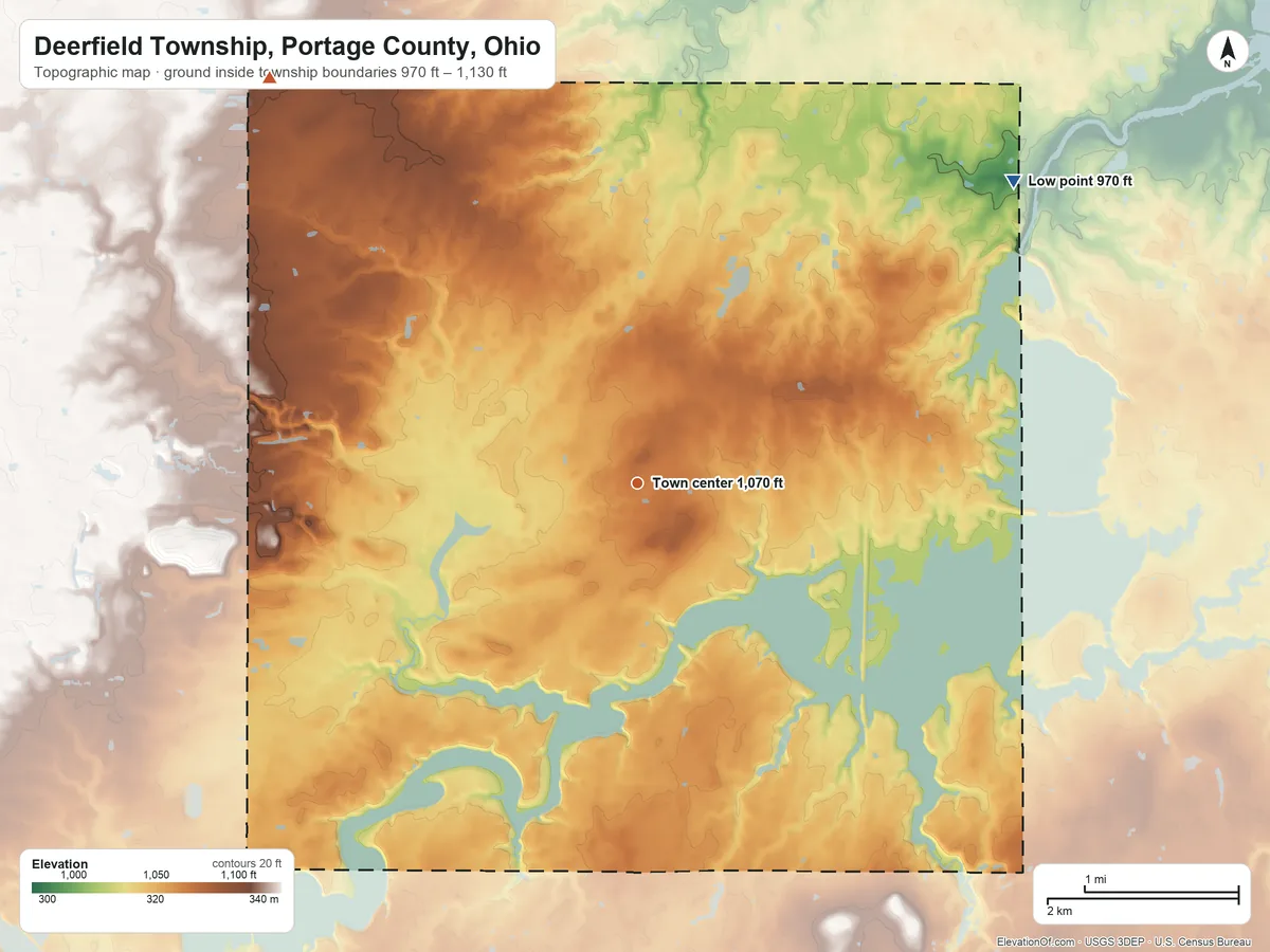 Topographic elevation map of Deerfield Township, Portage County, Ohio, shaded from 970 ft on the northeast side to 1,130 ft on the northwest side