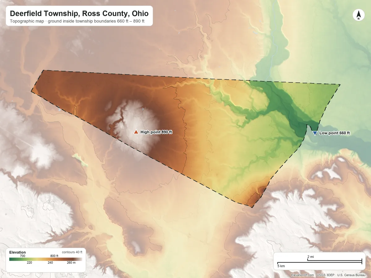 Topographic elevation map of Deerfield Township, Ross County, Ohio, shaded from 660 ft on the east side to 890 ft on the west side
