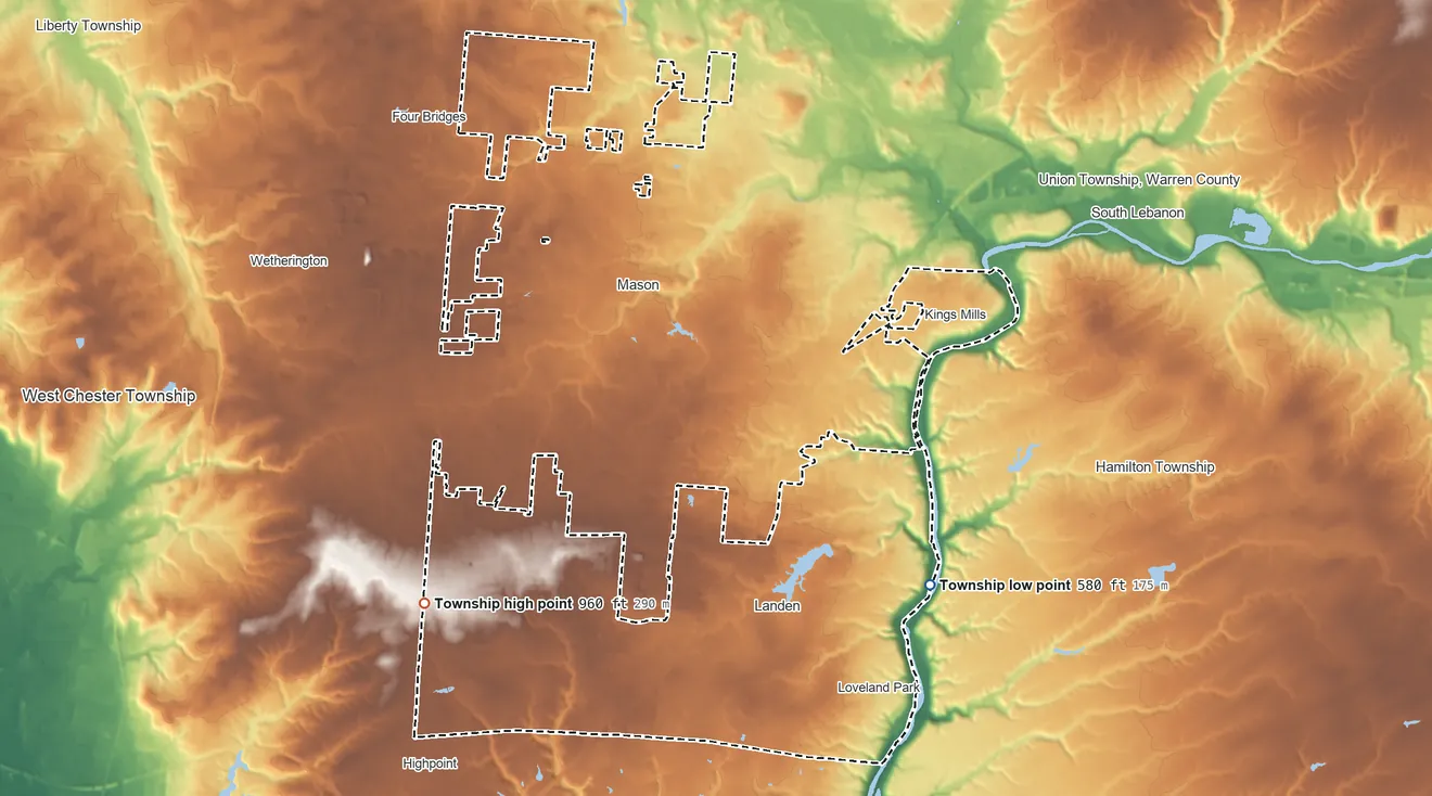 Topographic elevation map of Deerfield Township, Ohio, shaded from 580 ft on the east side to 960 ft on the west side