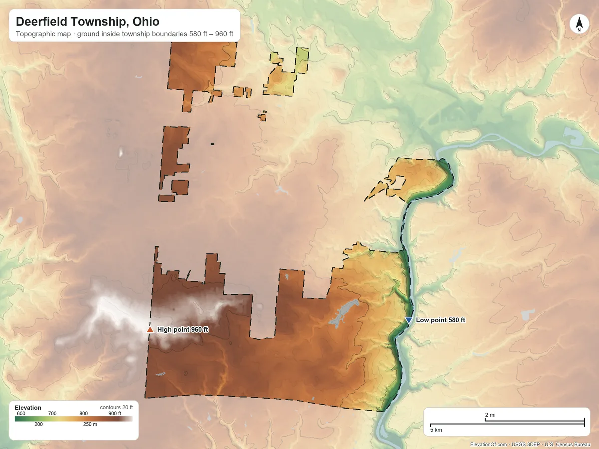 Topographic elevation map of Deerfield Township, Ohio, shaded from 580 ft on the east side to 960 ft on the west side