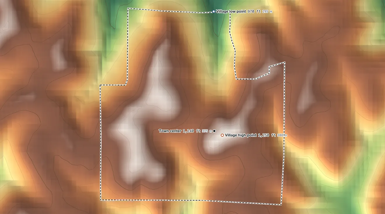 Topographic elevation map of Deersville, Ohio, shaded from 970 ft on the north side to 1,250 ft near the middle