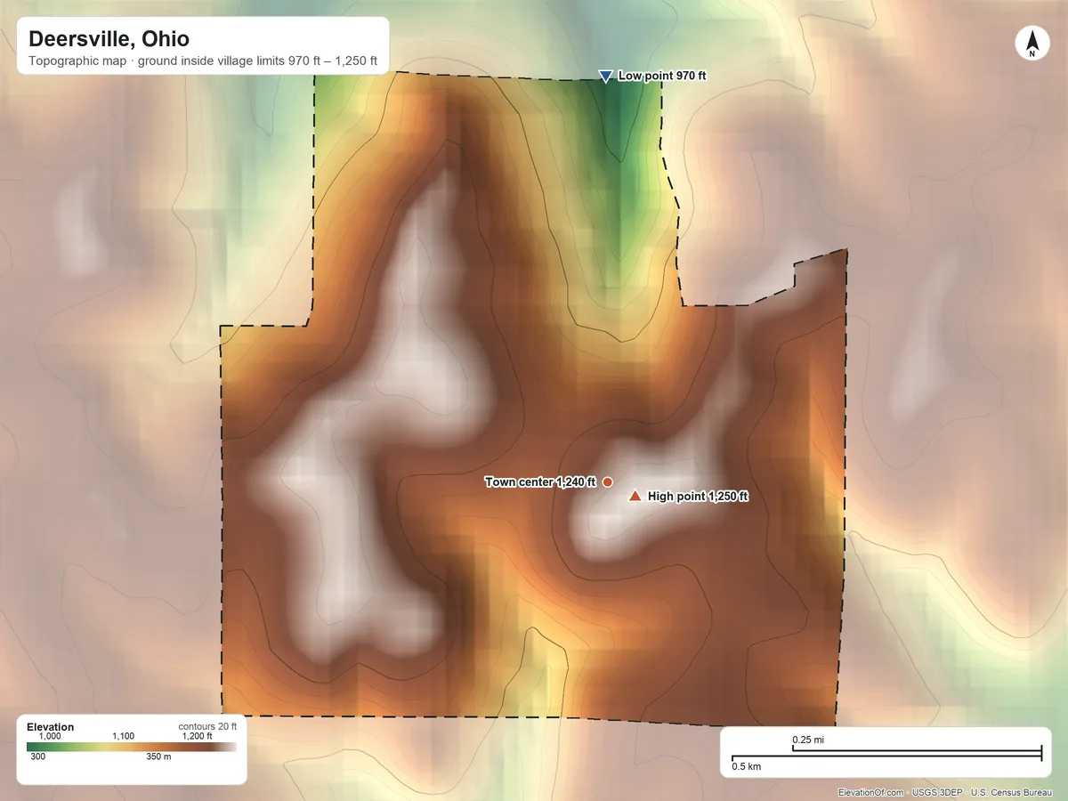 Topographic elevation map of Deersville, Ohio, shaded from 970 ft on the north side to 1,250 ft near the middle