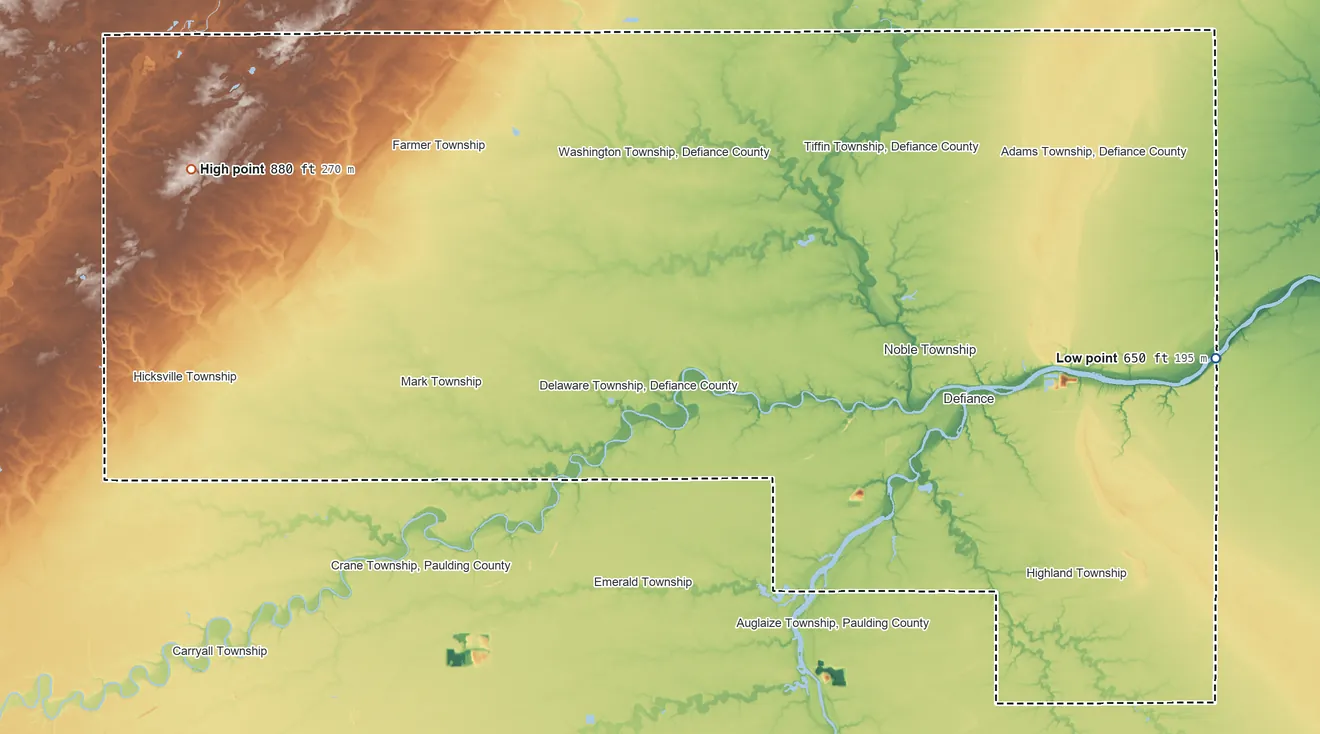 Topographic elevation map of Defiance County, Ohio, shaded from 650 ft on the east side to 880 ft on the northwest side