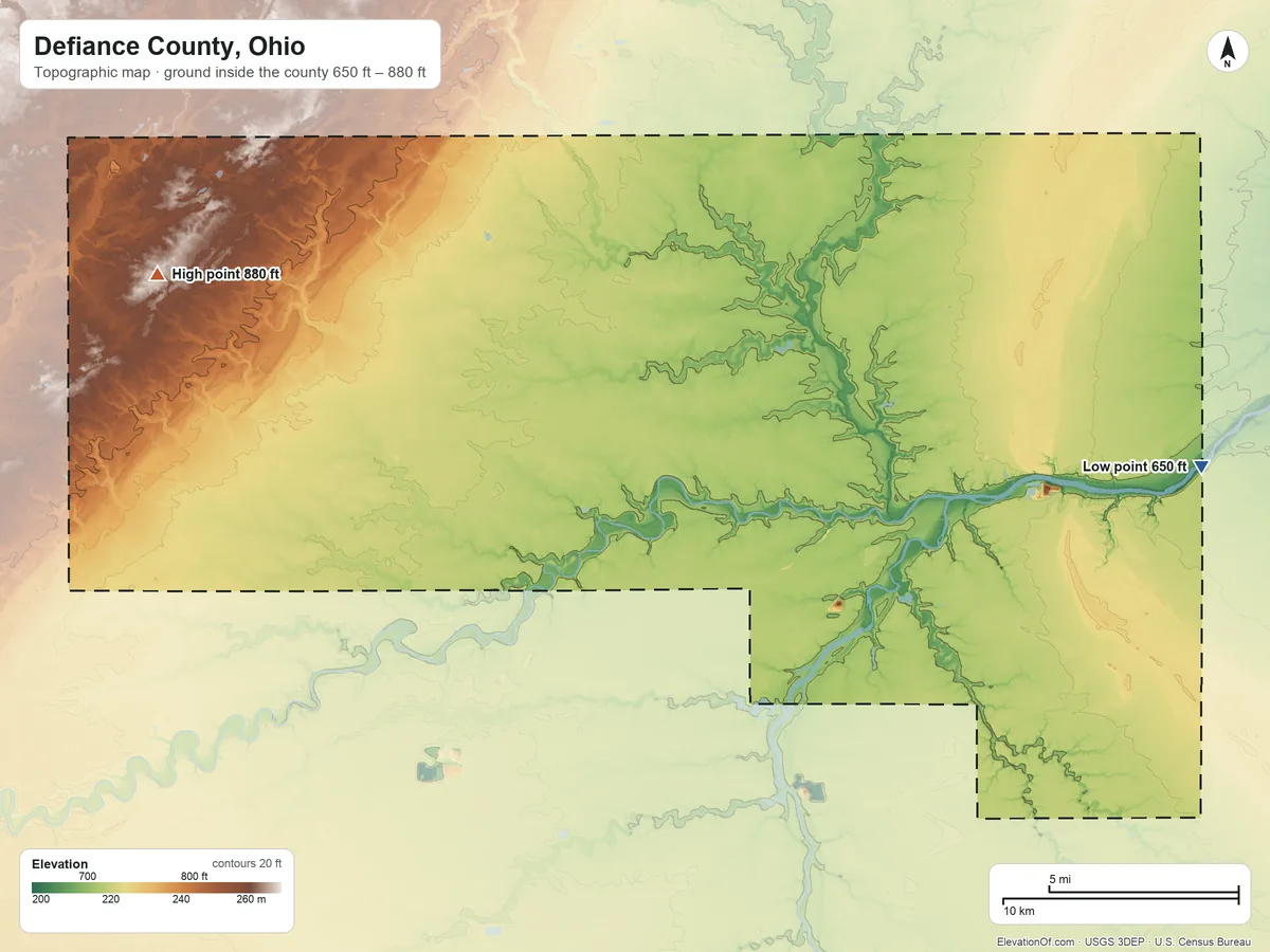 Topographic elevation map of Defiance County, Ohio, shaded from 650 ft on the east side to 880 ft on the northwest side