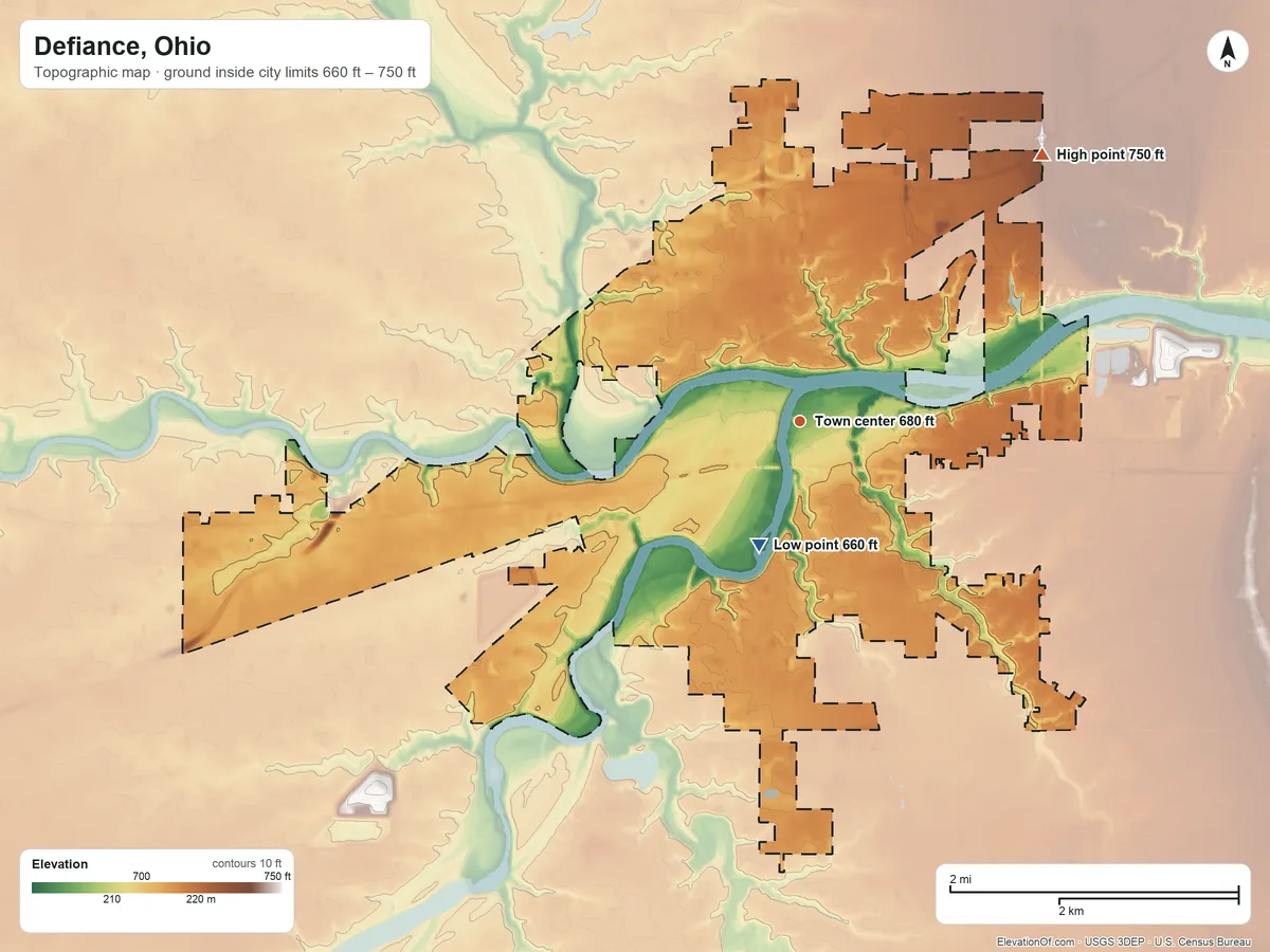 Topographic elevation map of Defiance, Ohio, shaded from 660 ft on the south side to 750 ft on the northeast side