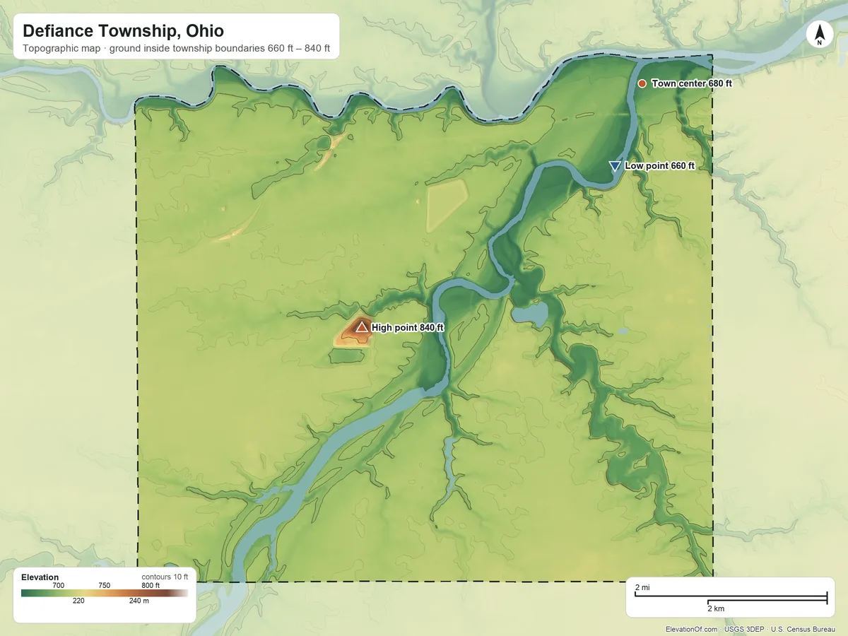 Topographic elevation map of Defiance Township, Ohio, shaded from 660 ft on the south side to 840 ft on the southwest side