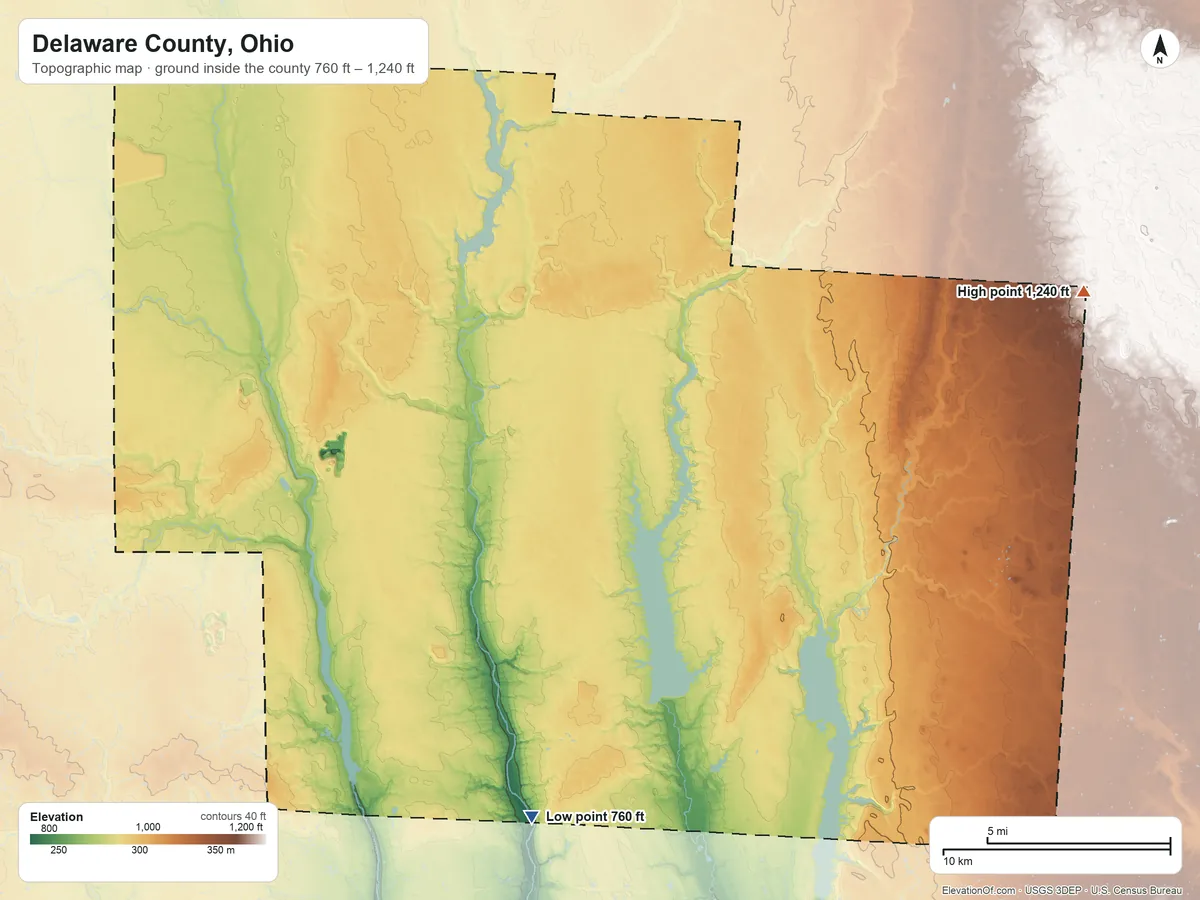 Topographic elevation map of Delaware County, Ohio, shaded from 760 ft on the south side to 1,240 ft on the east side