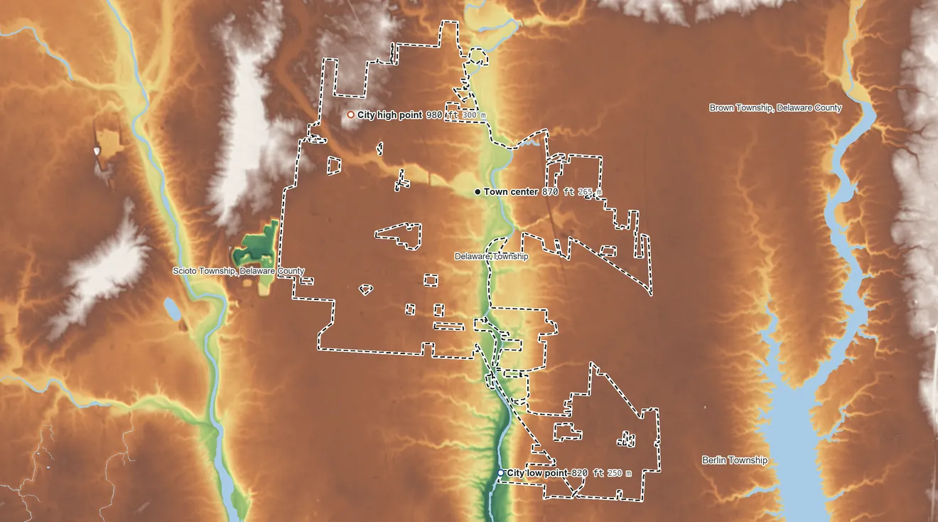 Topographic elevation map of Delaware, Ohio, shaded from 820 ft on the south side to 980 ft on the northwest side