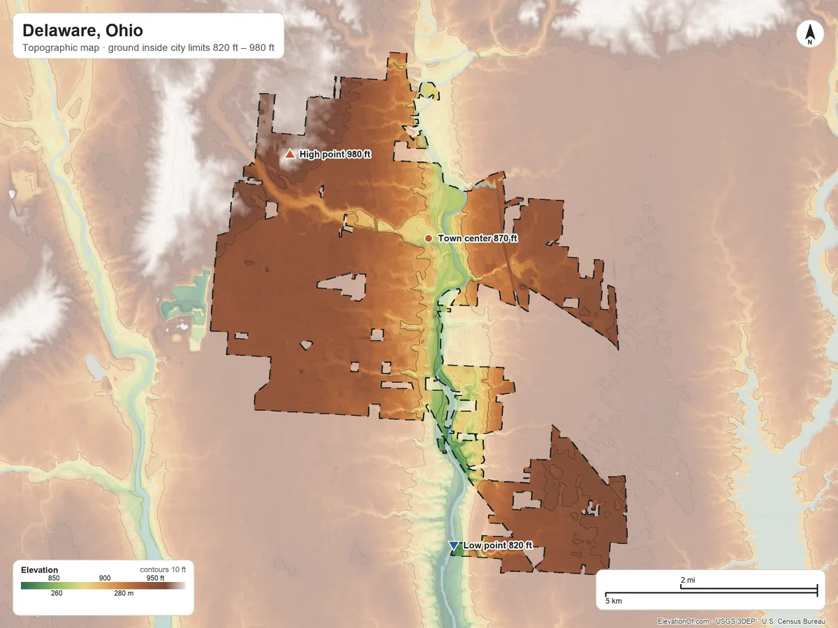 Topographic elevation map of Delaware, Ohio, shaded from 820 ft on the south side to 980 ft on the northwest side
