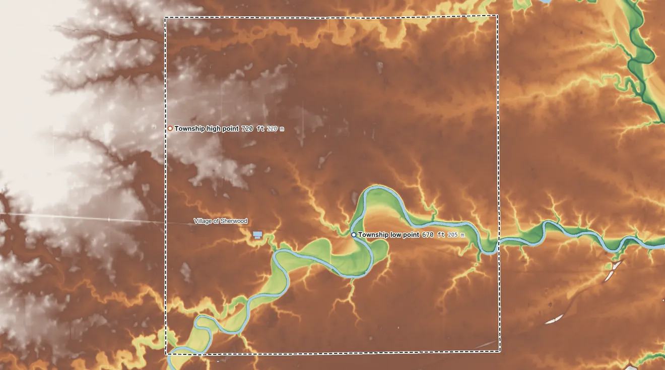 Topographic elevation map of Delaware Township, Defiance County, Ohio, shaded from 670 ft on the east side to 720 ft on the northwest side