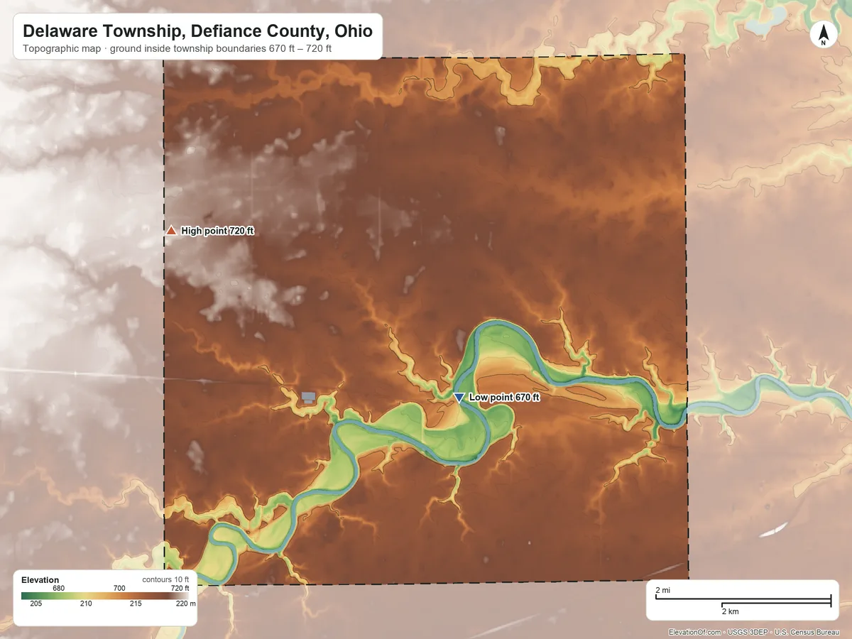 Topographic elevation map of Delaware Township, Defiance County, Ohio, shaded from 670 ft on the east side to 720 ft on the northwest side
