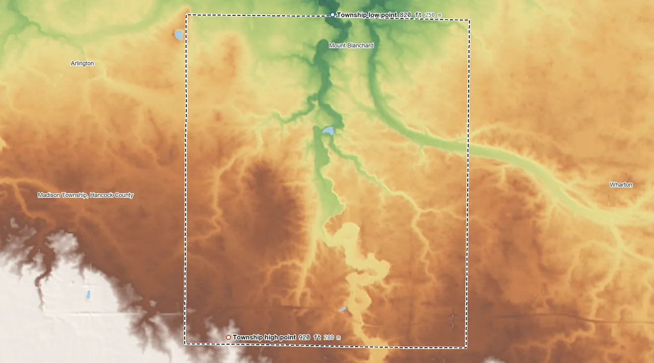 Topographic elevation map of Delaware Township, Hancock County, Ohio, shaded from 820 ft on the north side to 920 ft on the southwest side