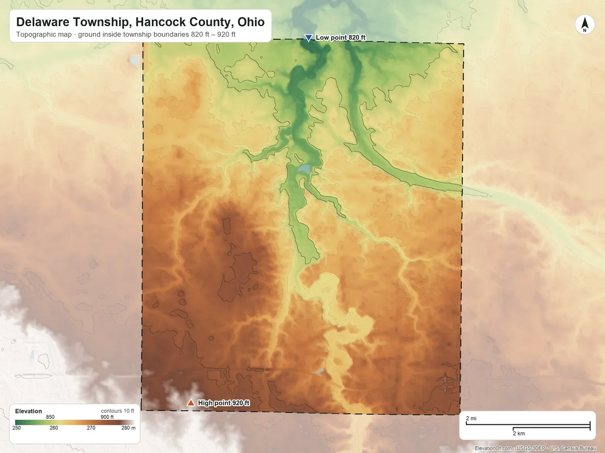 Topographic elevation map of Delaware Township, Hancock County, Ohio, shaded from 820 ft on the north side to 920 ft on the southwest side