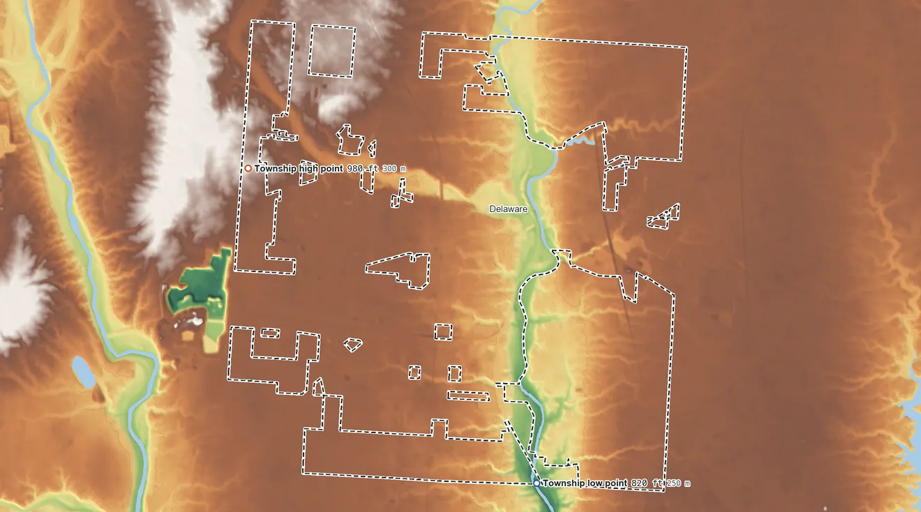 Topographic elevation map of Delaware Township, Ohio, shaded from 820 ft on the south side to 980 ft on the northwest side