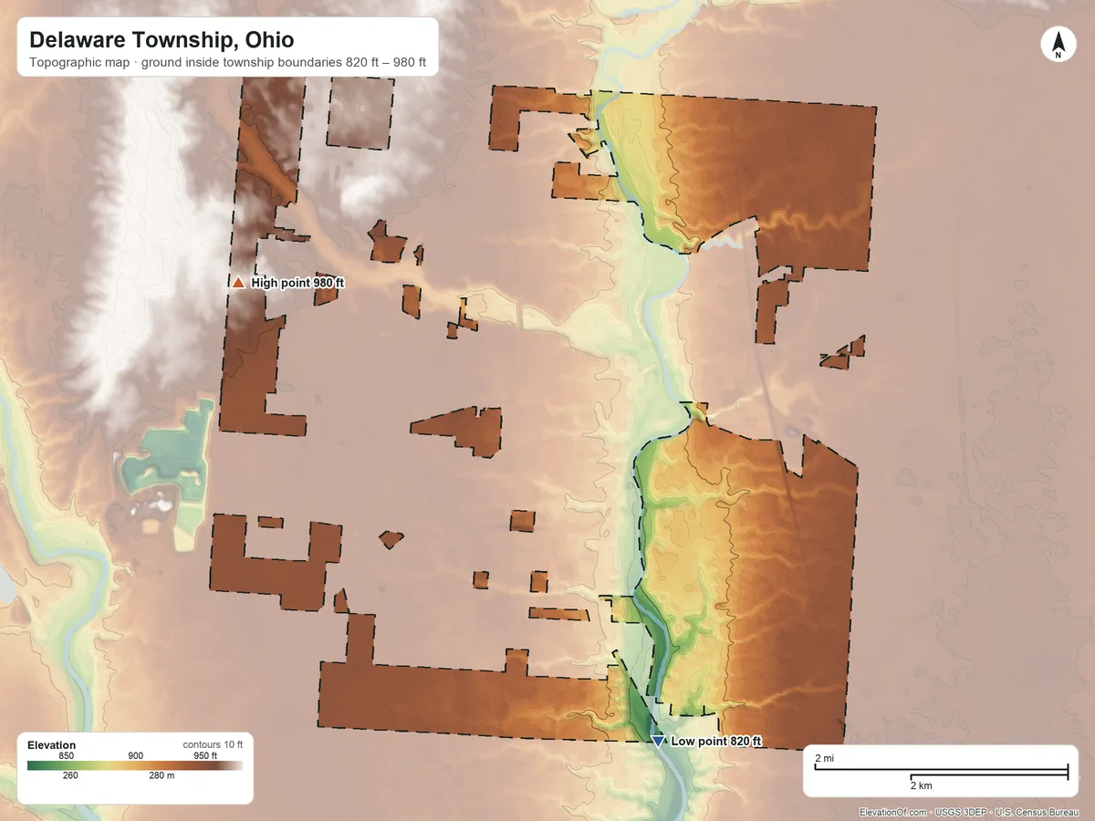 Topographic elevation map of Delaware Township, Ohio, shaded from 820 ft on the south side to 980 ft on the northwest side