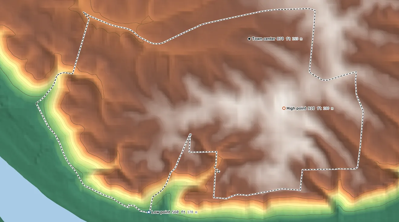 Topographic elevation map of Delhi Hills, Ohio, shaded from 560 ft on the southwest side to 910 ft on the southeast side