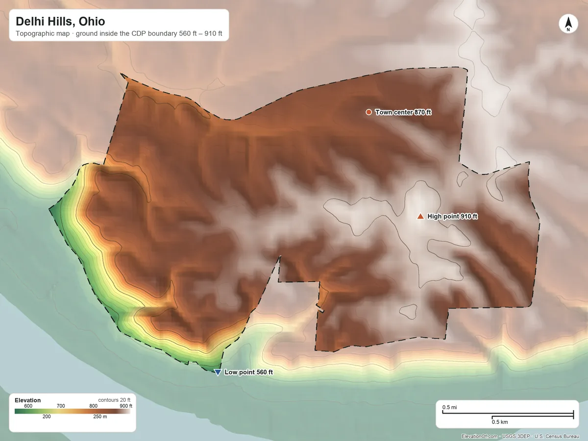 Topographic elevation map of Delhi Hills, Ohio, shaded from 560 ft on the southwest side to 910 ft on the southeast side